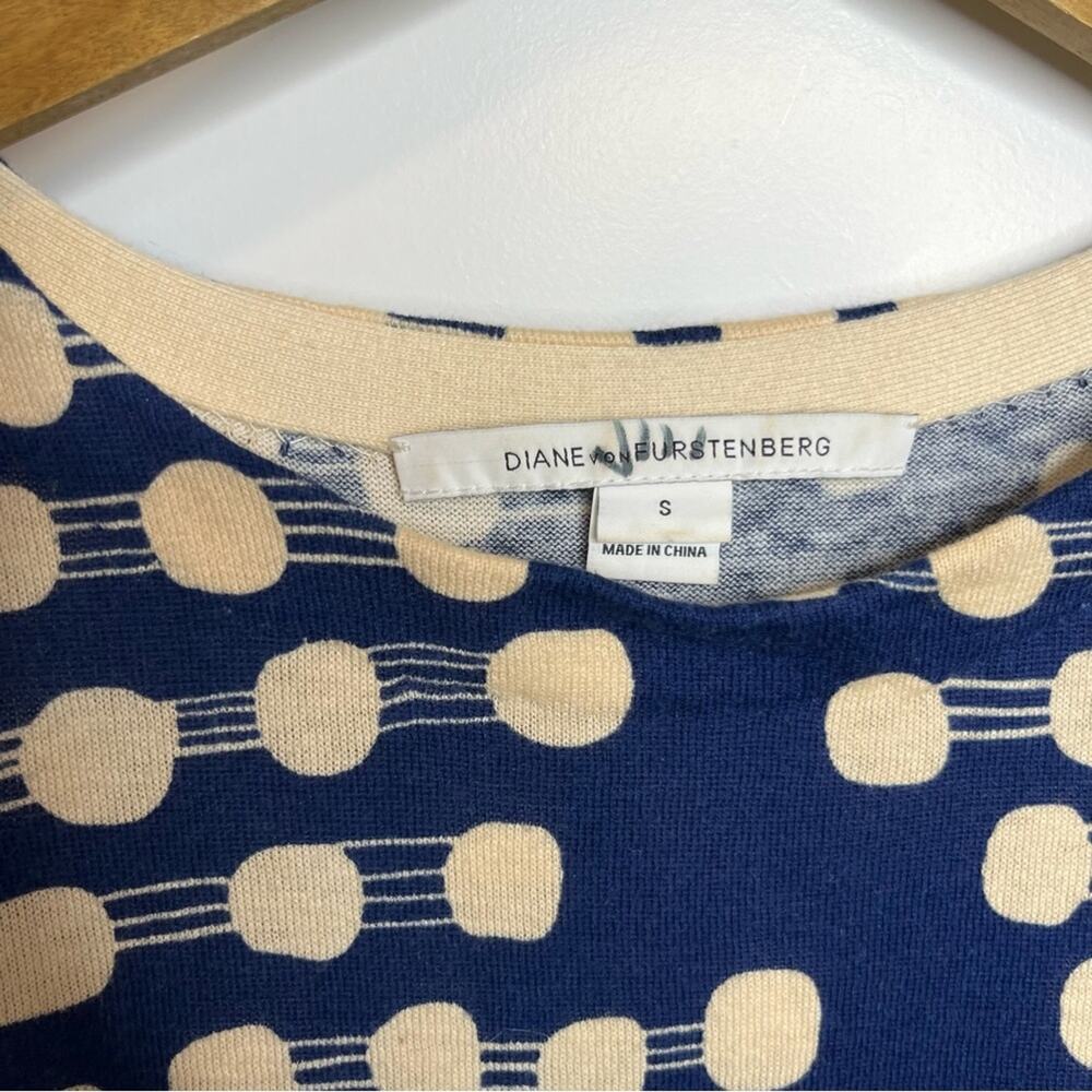 Diane Von Furstenberg DVF Blue & Cream Polka Dot Long Sleeve Knit Dress Small - Picture 2 of 6